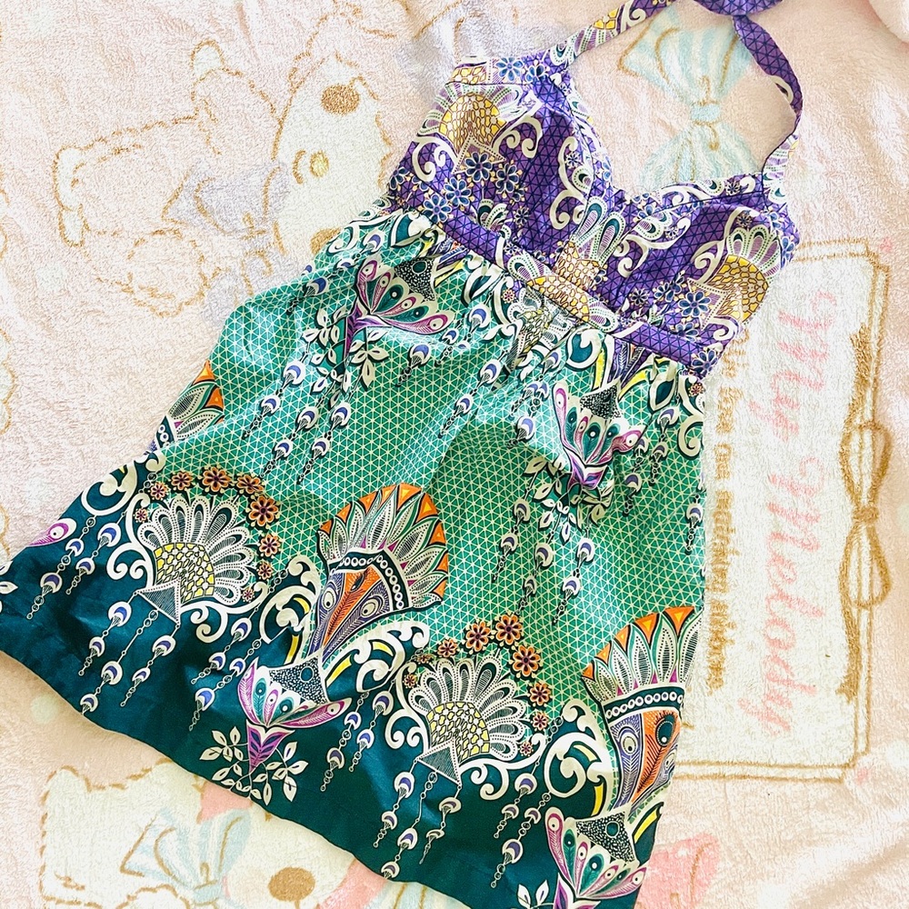 express - paisley sweetheart neckline halter cotton poplin dress